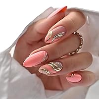 24Pcs French Tip Press on Nails Almond Shape Fake Nails Medium Length Acrylic Nails Pink Wave False Nails with Glitter Design Reusable Full Cover Glossy Artificial Nails Glue on Nails for Women