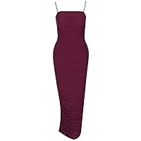UONBOX Women's Sexy Mesh See Through Ruched Cocktail Party Midi Bodycon Strap Dress
