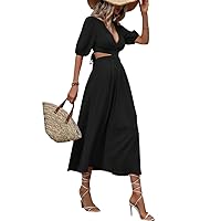 Women's Casual Neck Cutout Waist Puff Sleeve Long Dress A-Line Party Black Dress