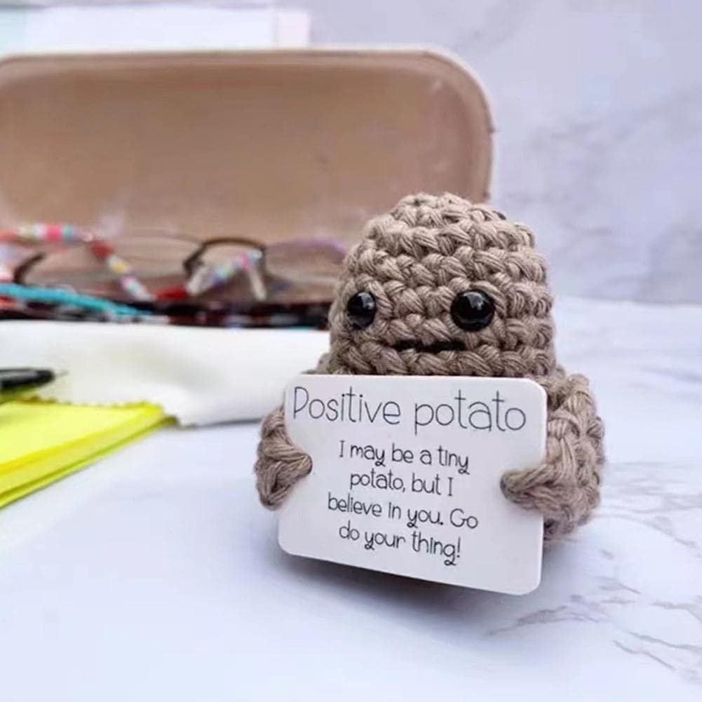 Funny Positive Potato,Cute Wool Knitting Doll with Positive Card,Positivity Affirmation Cards,Funny Knitted Potato Doll Xmas New Year Gift Decoration
