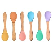 ERINGOGO 6 Pcs Silicone Spoon with Wooden Handle Small Spoons Food Serving Silicone Serving Spoons Sugar Spoons Olive Healthy Porridge Spoons Mixing Spoon Complementary Food Baby