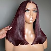 16inch 99j Blunt Cut Bob Human Hair 13x4 Frontal Lace Wig 130% Burgundy Brazilian Remy Hair Glueless Short Bob Wigs Human Hair Ombre Wig Pre Plucked with Baby Hair for Women