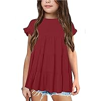 Girls Summer Tiered a Line T Shirts Casual Loose Swing Ruffle Trim Babydoll Tops 6-14 Years
