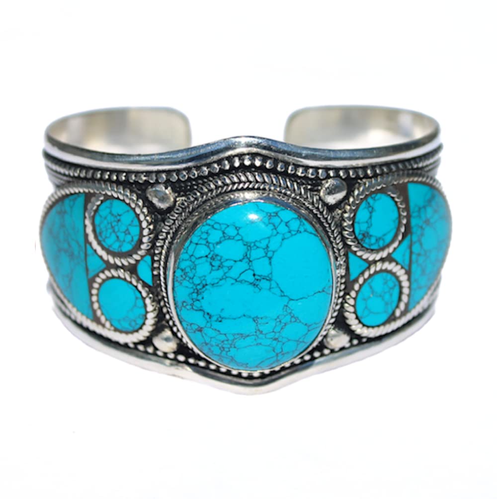 Boho Style Blue Stabilized-Turquoise Ornate Mosaic Adjustable Cuff Bracelet | Stainless Steel Jewelry From Nepal