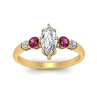Choose Your Gemstone Round Accent Bar Diamond CZ Gold Plated Marquise Shape Side Stone Daily wear Engagement Rings Prong Setting Ring Size US 4 to 12