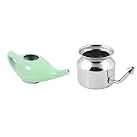 Leak Proof Durable Porcelain Ceramic Green Neti Pot Hold 300 Ml Water Comfortable Grip and Stainless Steel Neti Pot for Sinus Congestion