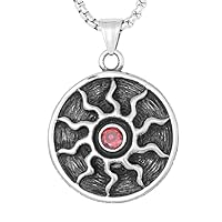Slavic Symbol Pagan Sun Wheel Necklace - Stainless Steel, Red Stone, Amulet, Pendant For Men, Retro Style, 9.25 Plated