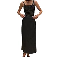 Women Sexy Lace-Up Backless Knit Ribbed Cami Dress Summer Ruched Slim Sleeveless Solid Mid Dress for Cocktail Party