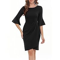 Gardenwed Womens 3/4 Bell Sleeve Sheath Vintage Cocktail Party Dress Bodycon Ruched Church Dresses