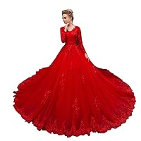 Red Cathedral Train Appliques Tulle A Line Wedding Dress Lace Up Corset Long Sleeve Bridal Gown