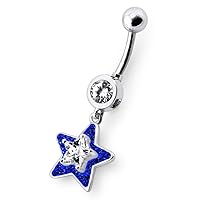 Fancy Multi Crystal Star Dangling 925 Sterling Silver with Stainless Steel Belly Button Navel Rings