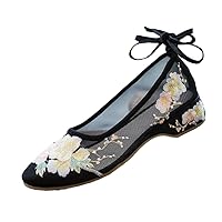 Long Ankle Strap Summer Women Gauze Mesh Embroidered Ballet Flats Breathable Comfortable Walking Shoes Black 5