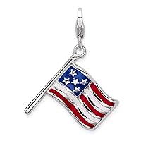 Sterling Silver Rhodium-plated 3-d Enameled American Flag with Lobster Clasp Charm