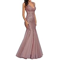 Women's V Neck Sleeveless Slim Fit Mermaid Evening Gown Sequin Party Formal Dress