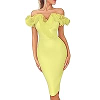 Summer Dresses for Women 2024 Short Sleeve Off Shoulder Floral Lace & Mesh Tight High Waist Midi Tie Dress