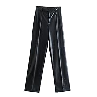 Faux Leather Long Pants for Womens Casual Comfortable Office Stretchy Solid Color Straight Trousers with Zipper