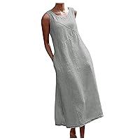 Women's Summer Casual Sleeveless Crewneck Swing Sundress Fit & Flare Flowy Linen Maxi Dress with Pockets Plus Size