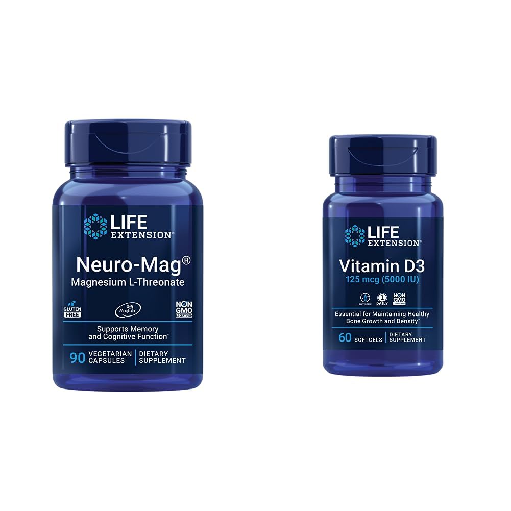 Life Extension Neuro-mag Magnesium L-threonate, Magnesium L-threonate, Brain Health & Vitamin D3 125 mcg (5000 IU), Bone Health, Brain Performance, Immune System Support