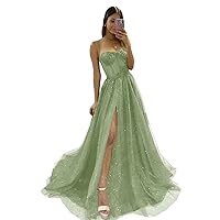 Maxianever Glitter Tulle Prom Dresses with Slit Flower Spaghetti Straps Corset Floor Length Formal Evening Gowns Sage Green US0