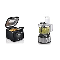 Hamilton Beach Electric Deep Fryer, 8 Cups / 2 Liters Oil Capacity, Black & Food Processor & Vegetable Chopper for Slicing, Shredding, Mincing, and Puree, 10 Cups - Bowl Scraper, Stainless Steel