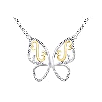 Round Natural Diamond Accent Two Tone Open Heart Butterfly Pendant Necklace in 14K Gold Over Sterling Silver
