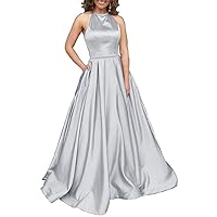 Women's Halter Neckline Prom Dress Satin with Pockets Party Formal Dress