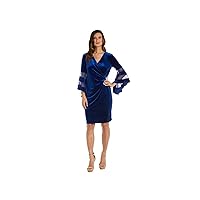 R&M Richards Womens Blue Embellished Gathered Sheer Bell Sleeve V Neck Knee Length Cocktail Sheath Dress 10
