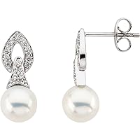 14k White Gold Polished Freshwater Cultured Pearl and 0.17 Dwt Diamond Earrings Jewelry for Women
