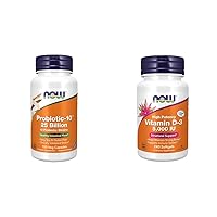 Bundle of NOW Supplements, Probiotic-10™, 25 Billion, with 10 Probiotic Strains, Dairy, 100 Veg Capsules + NOW Supplements, Vitamin D-3 5,000 IU, High Potency, Structural Support*, 240 Softgels