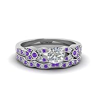 Choose Your Gemstone Flower Pave Diamond CZ Wedding Ring Set Sterling Silver Round Shape Wedding Ring Sets Everyday Jewelry Wedding Jewelry Handmade Gifts for Wife US Size 4 to 12
