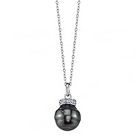 The Pearl Source 10-11mm Baroque Black Tahitian Cultured Pearl & Cubic Zirconia Ronda Pendant Necklace for Women