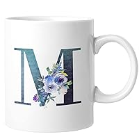 Monogram Letter M Coffee Mug Dark Blue Letter Blue Flower Drinking Cups Name Initial 11oz Novelty Coffee Mugs Retirement Gifts For Cappuccino Espresso Latte Milk Tea