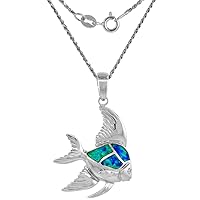 Sterling Silver Synthetic Opal Angelfish Necklace in Blue & Pink CZ Accent 1 3/8 inch Rope Chain
