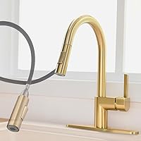 Gold Kitchen Faucet with Pull Down Sprayer - Modern Single Handle Pull Down Kitchen Sink Faucet with Deck Plate | Commercial Kitchen Faucet for 1 & 3 Hole Stainless Steel Brushed Gold