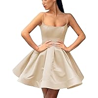 MllesReve Satin Short Prom Dresses Homecoming Dress with Pockets Spaghetti Straps Mini Ball Gown