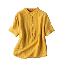 Women's Short Sleeve Cotton and Linen Shirt Loose Solid Color Buttoned Shirt Large Size