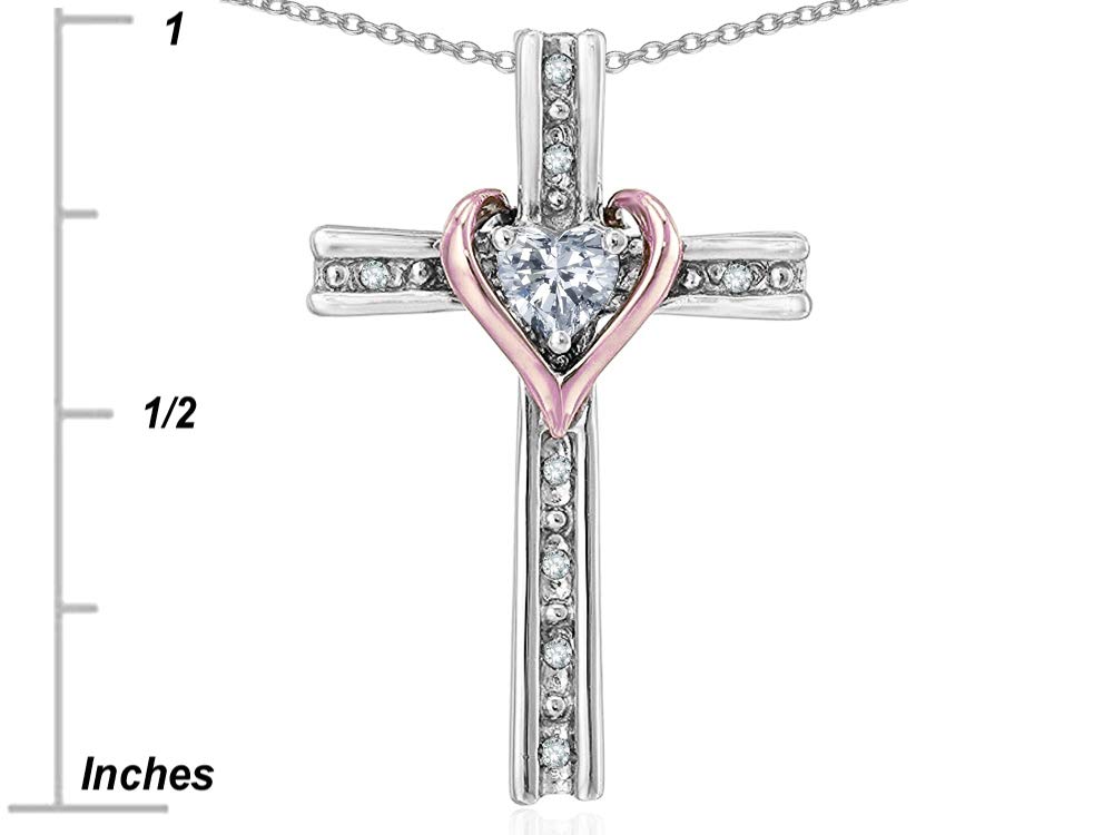 Star K 10k Rose Gold Two Tone Love Cross with Heart Stone Pendant Necklace