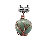 Tree of Life Copper Metal Wire Wrapped Round Healing Gemstone Crystal Cabochon Pendant Adjustable Necklace - Womens Fashion Handmade Jewelry Boho Accessories