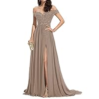 Women's Off Shoulder Bridesmaid Dresses Chiffon Lace A-Line Long Formal Evening Party Gowns with Slit LYQ08
