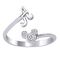 Mickey Mouse Cubic Zirconia Initial A - Z Adjustable Personalized Initial Ring for Women Teen Girls