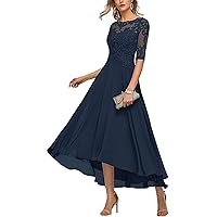 Elegant Lace Applique Long Evening Dress for Women Half Sleeves Plus Size Mother of The Bride Dress Navy US4