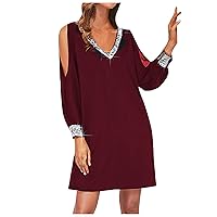 Women's Fall Dresses 2023 Solid Color Sequin Stitching V-Neck Cold Shoulder Sleeve Casual Dress Dresses, S-3XL