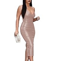 Womens Bodycon Dress Faux Leather Spaghetti Strap Sleeveless Backless Cocktail Dresses Solid V Neck Sundress