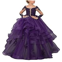 Girl's Applique Beading Pageant Dresses Organza Long Sleeves Flower Girls Dresses