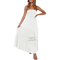 ZESICA Women's 2024 Summer Bohemian Strapless Off Shoulder Lace Trim Backless Flowy A Line Beach Long Maxi Dress,White,Small