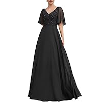 Mother of The Groom Dress Plus Size Chiffon Lace Appliques Short Sleeves V-Neck Wedding Guest Dresses for Women Formal 24 Black