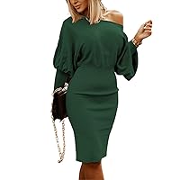 Women's Summer Black Dress Long Sleeve A Line Elegant Dresses Casual Knitted Solid Tunic Party Round Neck Outfits