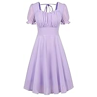 Belle Poque Women's Square Neck Short Lantern Sleeve Floral Swing Dresses 1950s Vintage Tie Backless Midi Aline Dress