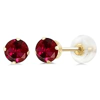 Gem Stone King 10K Yellow Gold Red Created Ruby Stud Earrings For Women (1.20 Ct Round 5MM)