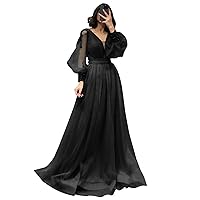 V-Neck Tulle Prom Dresses for Woman A-Line Elegant Puffy Sleeve Formal Evening Party Dress